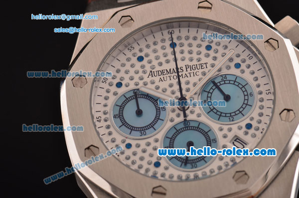 Audemars Piguet Royal Oak Chrono Japanese Miyota OS20 Quartz Stainless Steel Case with Brown Leather Strap and White Dial - Click Image to Close